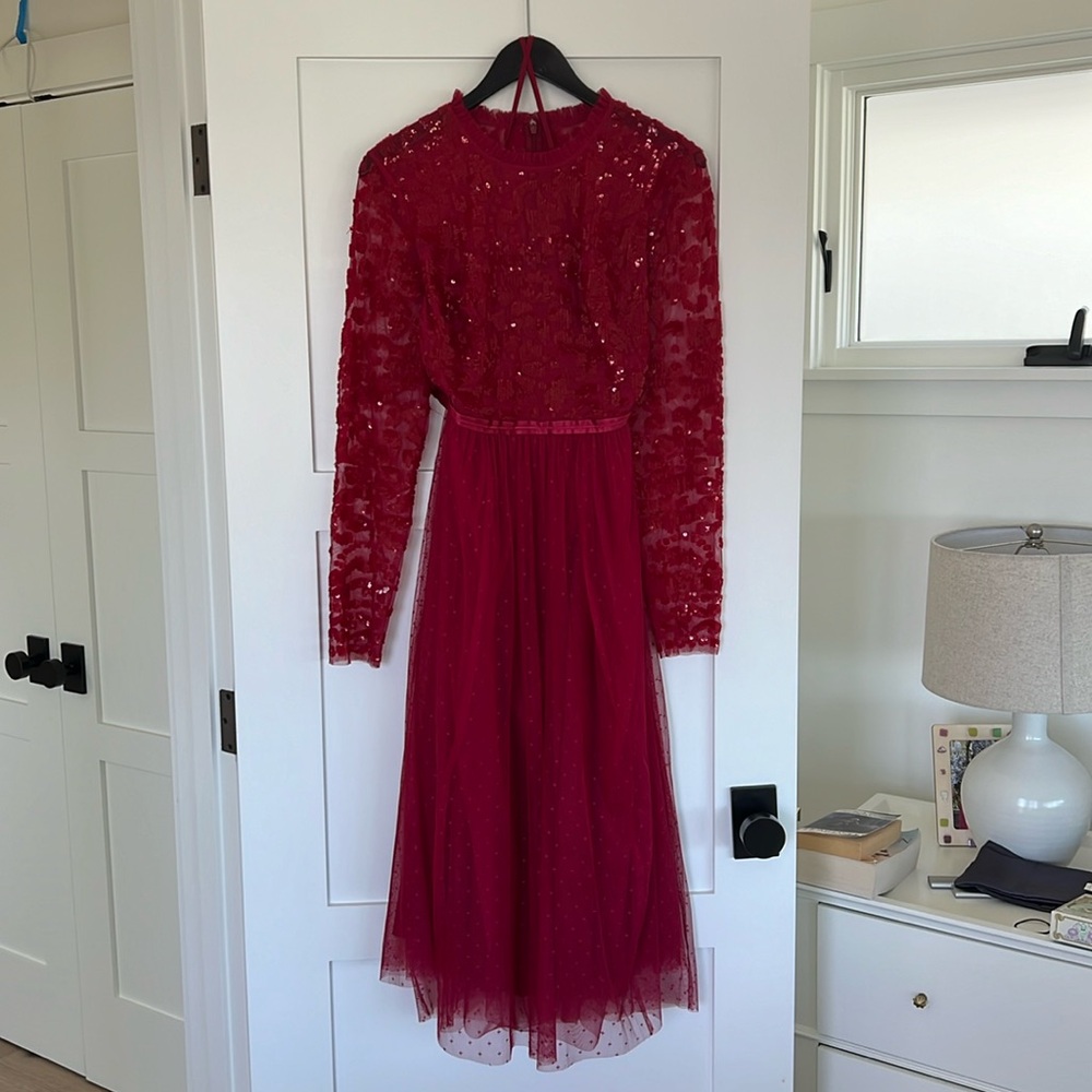 Red Needle & Thread tea length dress